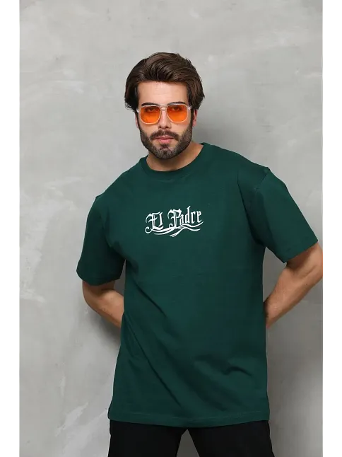 Erkek Kısa Kol Yazlık Tişört Bisiklet Yaka Baskılı Oversize T-shirt - Yeşil
