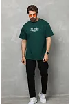 Erkek Kısa Kol Yazlık Tişört Bisiklet Yaka Baskılı Oversize T-shirt - Yeşil