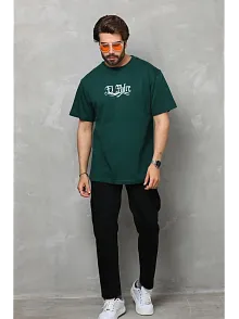 Erkek Kısa Kol Yazlık Tişört Bisiklet Yaka Baskılı Oversize T-shirt - Yeşil