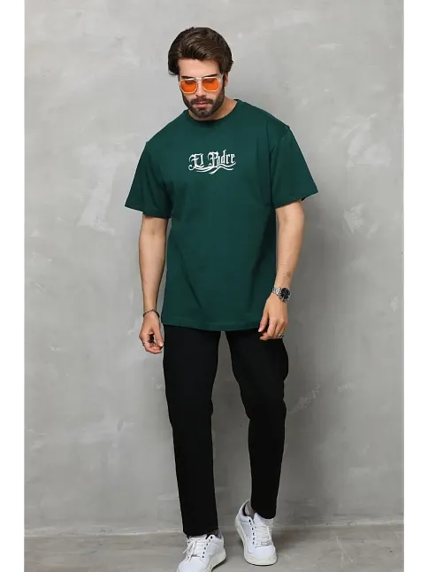 Erkek Kısa Kol Yazlık Tişört Bisiklet Yaka Baskılı Oversize T-shirt - Yeşil