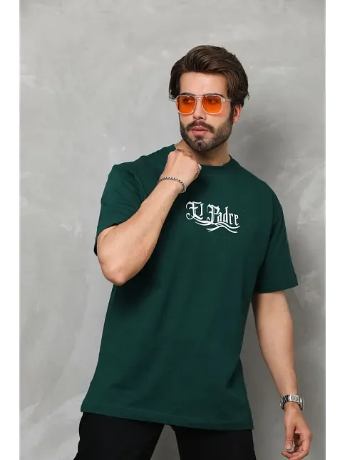 Erkek Kısa Kol Yazlık Tişört Bisiklet Yaka Baskılı Oversize T-shirt - Yeşil