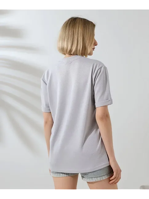 Kadın Bisiklet Yaka Baskılı Slim Fit T-shirt - Boyalı Gri