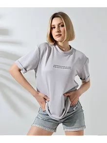Kadın Bisiklet Yaka Baskılı Slim Fit T-shirt - Boyalı Gri