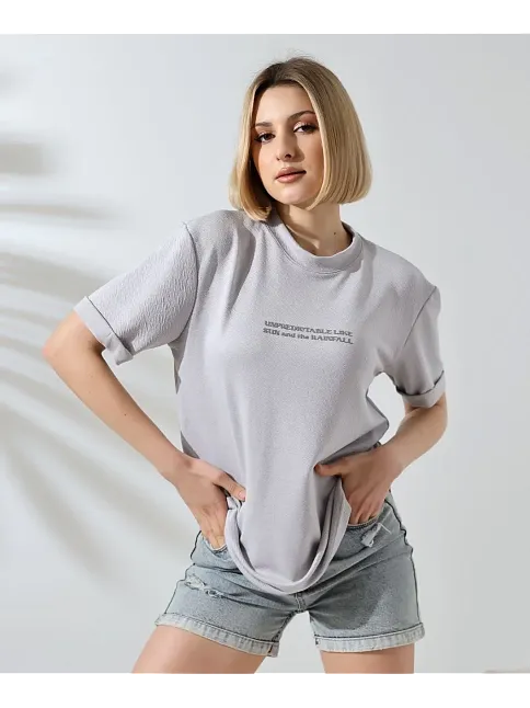 Kadın Bisiklet Yaka Baskılı Slim Fit T-shirt - Boyalı Gri