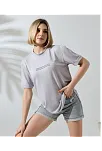 Kadın Bisiklet Yaka Baskılı Slim Fit T-shirt - Boyalı Gri