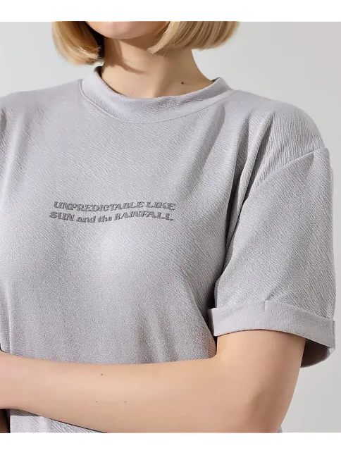 Kadın Bisiklet Yaka Baskılı Slim Fit T-shirt - Boyalı Gri