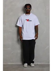 Erkek Kısa Kol Yazlık Tişört Bisiklet Yaka Baskılı Oversize T-shirt - Beyaz
