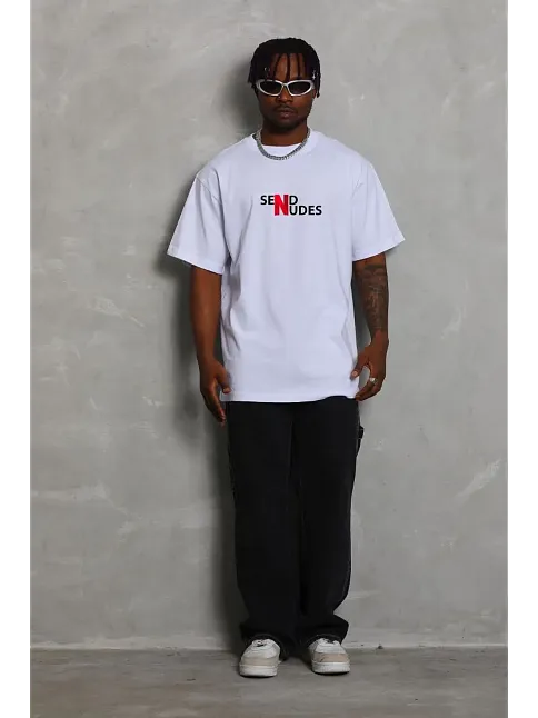 Erkek Kısa Kol Yazlık Tişört Bisiklet Yaka Baskılı Oversize T-shirt - Beyaz