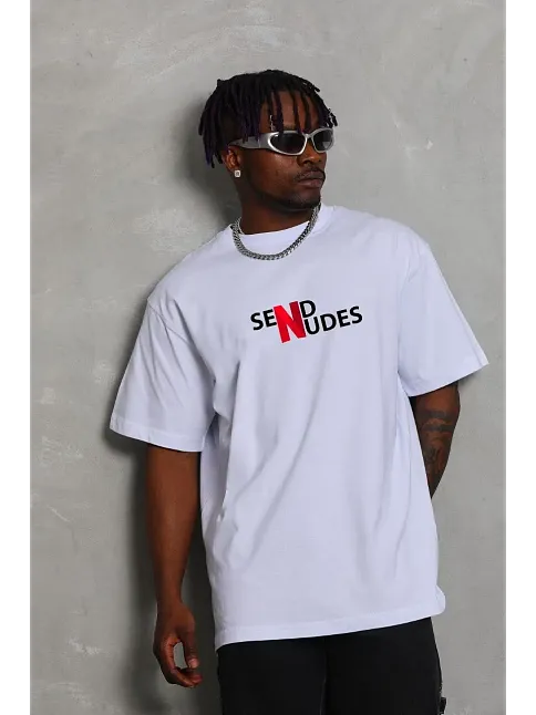 Erkek Kısa Kol Yazlık Tişört Bisiklet Yaka Baskılı Oversize T-shirt - Beyaz