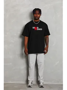 Erkek Kısa Kol Yazlık Tişört Bisiklet Yaka Baskılı Oversize T-shirt - Siyah