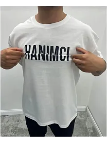 Erkek Tişört Kısa Kol Bisiklet Yaka Katlanan Hanımcı Baskılı T-shirt - Beyaz