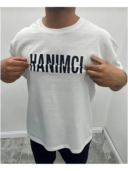 Erkek Tişört Kısa Kol Bisiklet Yaka Katlanan Hanımcı Baskılı T-shirt - Beyaz