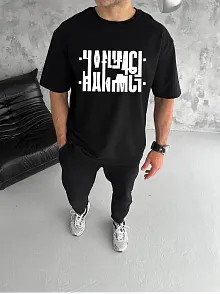 Erkek Tişört Kısa Kol Bisiklet Yaka Katlanan Hanımcı Baskılı T-shirt - Siyah