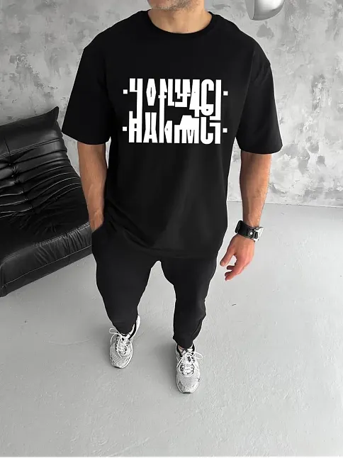 Erkek Tişört Kısa Kol Bisiklet Yaka Katlanan Hanımcı Baskılı T-shirt - Siyah