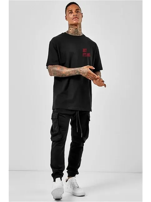 Erkek Baskılı T-shirt Kısa Kol Bisiklet Yaka Regular Fit Rahat Kalıp Tişört - Siyah