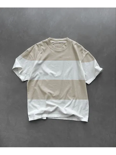 Erkek  Kısa Kol  Bisiklet Yaka Parçalı T-shirt - Bej