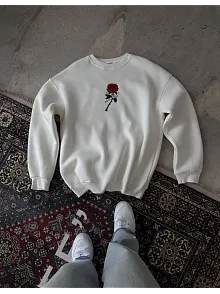Erkek 3 İplik Pamuklu Bisiklet Yaka Ön Ve Arka Baskılı Sweatshirt -  Beyaz