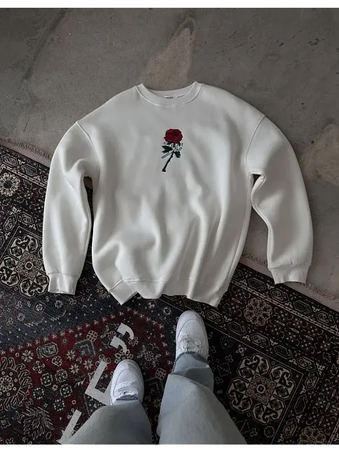Erkek 3 İplik Pamuklu Bisiklet Yaka Ön Ve Arka Baskılı Sweatshirt -  Beyaz