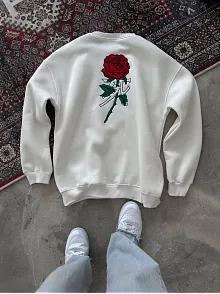 Erkek 3 İplik Pamuklu Bisiklet Yaka Ön Ve Arka Baskılı Sweatshirt -  Beyaz