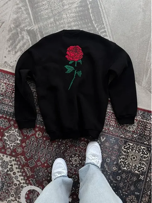 Erkek 3 İplik Pamuklu Bisiklet Yaka Ön Ve Arka Baskılı Sweatshirt - Siyah