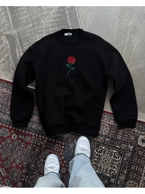 Erkek 3 İplik Pamuklu Bisiklet Yaka Ön Ve Arka Baskılı Sweatshirt - Siyah