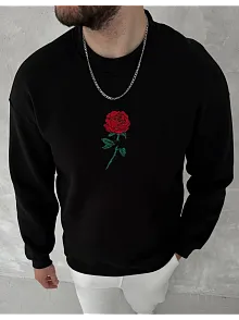 Erkek 3 İplik Pamuklu Bisiklet Yaka Ön Ve Arka Baskılı Sweatshirt - Siyah