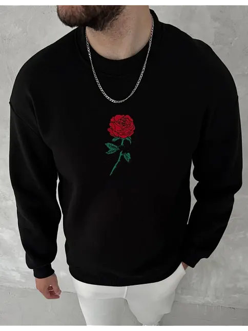Erkek 3 İplik Pamuklu Bisiklet Yaka Ön Ve Arka Baskılı Sweatshirt - Siyah