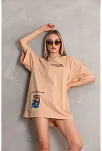 Kadın Bisiklet Yaka Baskılı Oversize Kısa Kol T-shirt - Bej