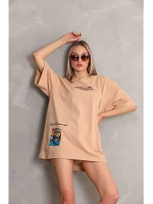 Kadın Bisiklet Yaka Baskılı Oversize Kısa Kol T-shirt - Bej