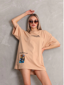 Kadın Bisiklet Yaka Baskılı Oversize Kısa Kol T-shirt - Bej