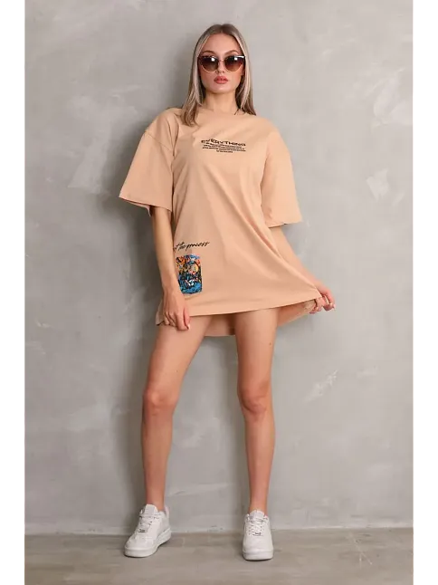 Kadın Bisiklet Yaka Baskılı Oversize Kısa Kol T-shirt - Bej