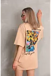 Kadın Bisiklet Yaka Baskılı Oversize Kısa Kol T-shirt - Bej