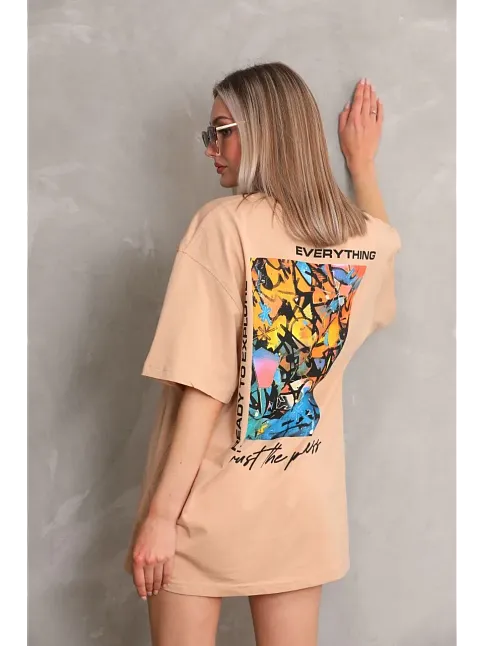 Kadın Bisiklet Yaka Baskılı Oversize Kısa Kol T-shirt - Bej