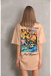 Kadın Bisiklet Yaka Baskılı Oversize Kısa Kol T-shirt - Bej