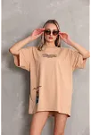 Kadın Bisiklet Yaka Baskılı Oversize Kısa Kol T-shirt - Bej
