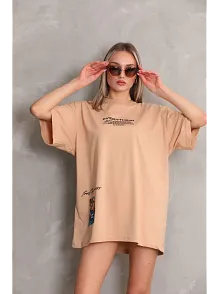 Kadın Bisiklet Yaka Baskılı Oversize Kısa Kol T-shirt - Bej