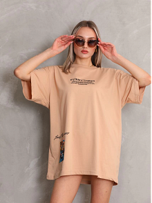 Kadın Bisiklet Yaka Baskılı Oversize Kısa Kol T-shirt - Bej