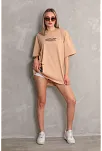 Kadın Bisiklet Yaka Baskılı Oversize Kısa Kol T-shirt - Bej