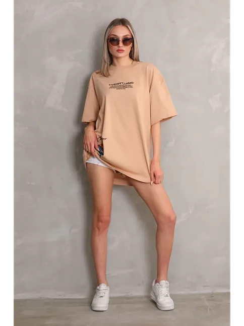 Kadın Bisiklet Yaka Baskılı Oversize Kısa Kol T-shirt - Bej