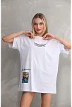 Kadın Bisiklet Yaka Baskılı Oversize T-shirt - Beyaz
