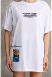 Kadın Bisiklet Yaka Baskılı Oversize T-shirt - Beyaz