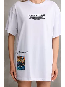 Kadın Bisiklet Yaka Baskılı Oversize T-shirt - Beyaz