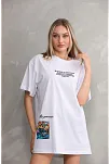 Kadın Bisiklet Yaka Baskılı Oversize T-shirt - Beyaz