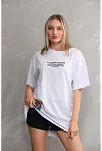 Kadın Bisiklet Yaka Baskılı Oversize T-shirt - Beyaz