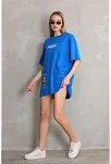 Kadın Bisiklet Yaka Baskılı Oversize T-shirt - Mavi