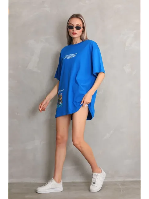 Kadın Bisiklet Yaka Baskılı Oversize T-shirt - Mavi