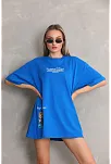 Kadın Bisiklet Yaka Baskılı Oversize T-shirt - Mavi
