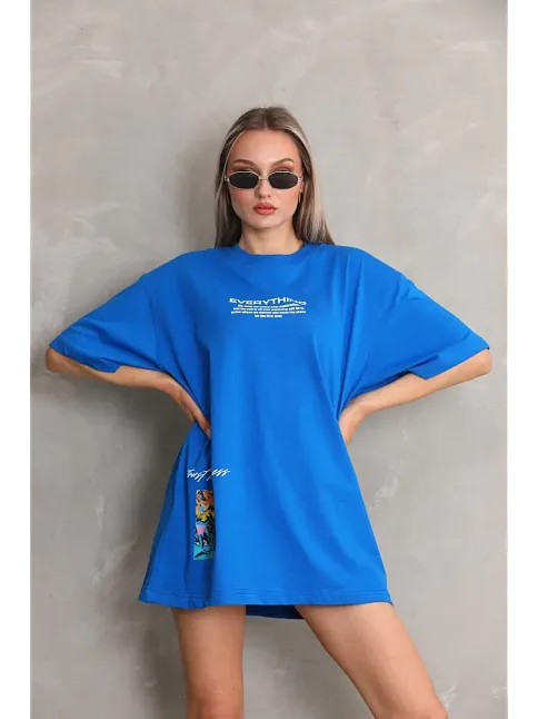 Kadın Bisiklet Yaka Baskılı Oversize T-shirt - Mavi