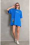 Kadın Bisiklet Yaka Baskılı Oversize T-shirt - Mavi