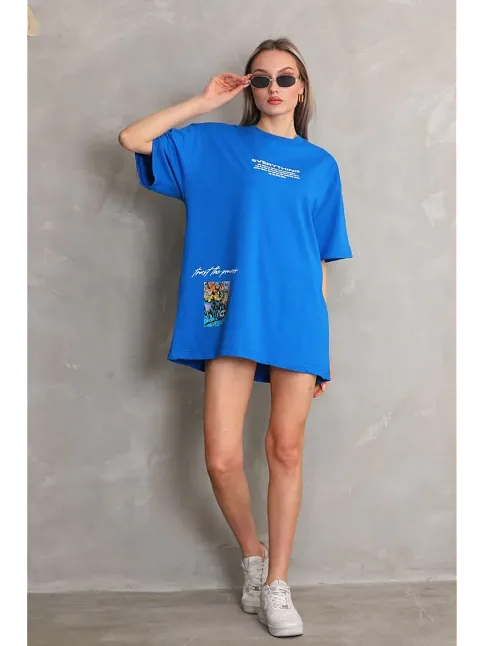 Kadın Bisiklet Yaka Baskılı Oversize T-shirt - Mavi
